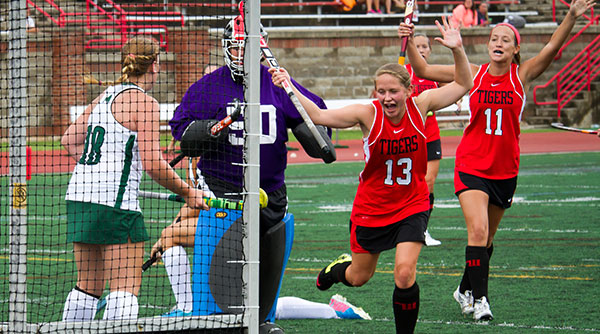 Kelly McLean celebrates scoring the Tigers' first goal in a 3-0 victory over Bethany. Photo by Blake Nelson '17