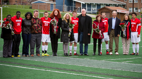 Wittenberg men's soccer seniors and their families, left to right: Moses Mbeseha, Marshall Rowland, Brock Hicks, Daniel Broidy, Alejandro Garcia. Photo by Erin Pence