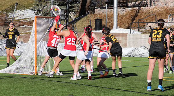 Katie Reuter (48) makes a stop in goal as Wittenberg fell to Colorado College on Monday afternoon. Photo courtesy Colorado College