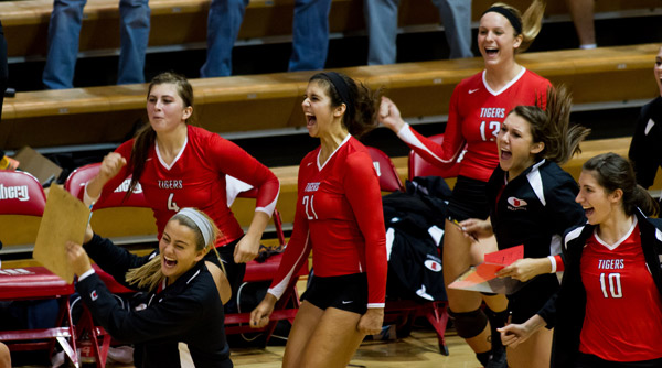 There was jubilation on the Wittenberg sideline after the Tigers rallied for a 3-1 victory over Hope. Photo by Erin Pence