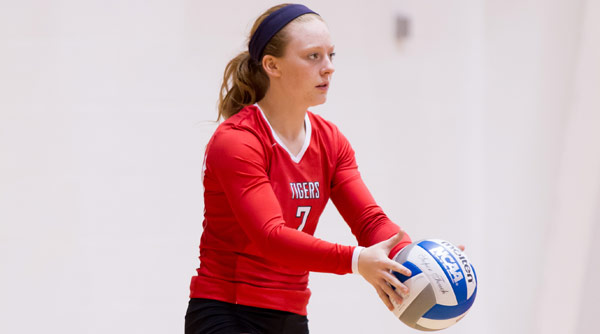 Kiah Murray finished with four digs as the Wittenberg Tigers remained unbeaten in NCAC play with a 3-0 win over Oberlin. File Photo | Erin Pence