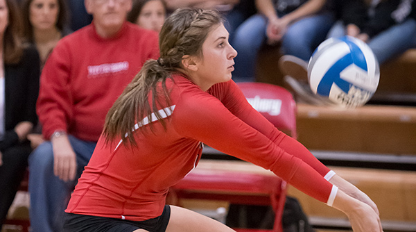 Melissa Emming hit for nine kills and had three blocks in a tense 3-2 win over Denison on Thursday night. File Photo | Erin Pence