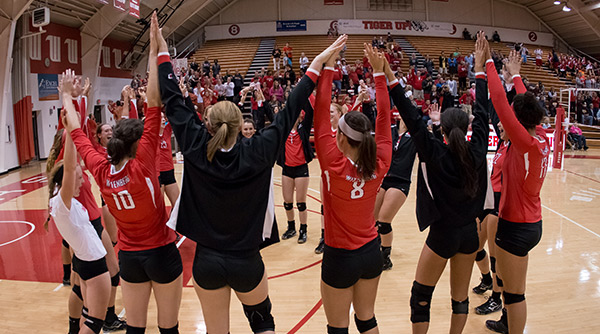 The Tigers celebrated a sweep of the Yeowomen in Oberlin on Saturday. File Photo | Erin Pence