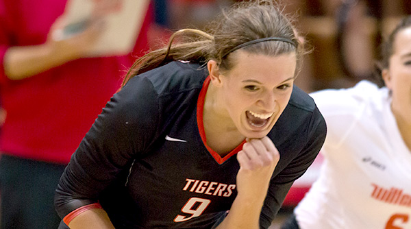 Kara Seidenstricker had plenty to celebrate Friday night as she earned her 1,000th kill and the Tigers earned a share of the 2014 NCAC regular season championship. File Photo | Erin Pence