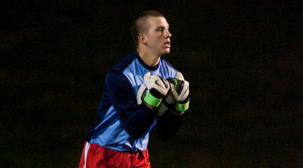 Sophomore goalkeeper Jeff Mengerink made seven saves Saturday, but Ohio Wesleyan took the match 3-0. Photo by Erin Pence